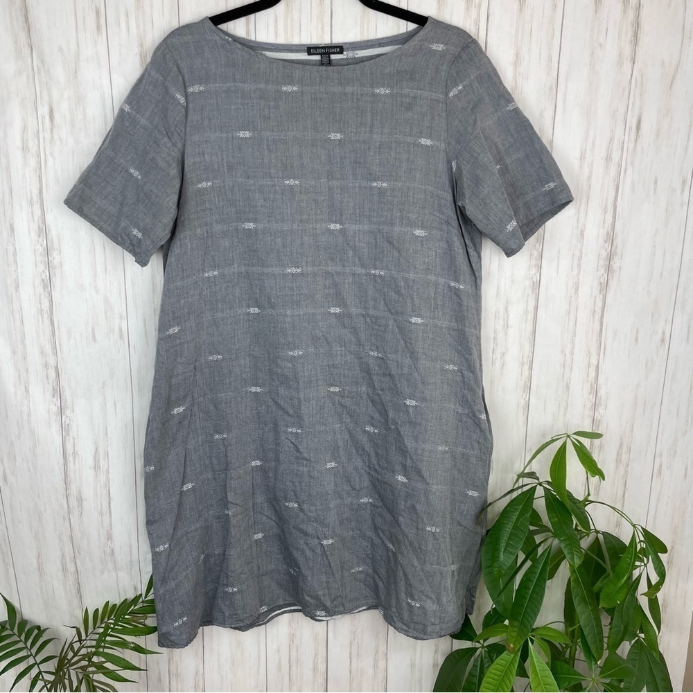 Eileen Fisher gray shift embroidered dress Medium